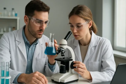 Kutatók a nikkelfinomítás kémiai eljárásain dolgoznak laboratóriumban.