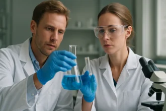 Két kutató laboratóriumi kémiai kísérletet végez