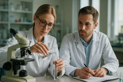 Két kutató laborban, monogliceridek vizsgálatán dolgozik.