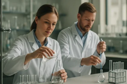 Két kutató laboratóriumban vizsgál egy monohidrát vegyületet.