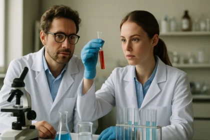 Két kutató a laboratóriumban monokálcium-citrát kutatás során.