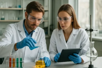 Két kémikus laboratóriumban: kísérlet, monoklór-acetátok, védekezés.