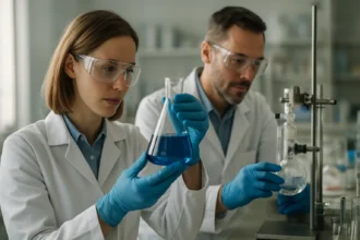 Két tudós laboratóriumban monoklór-ecetsavat vizsgál, kémiai analízis közben.