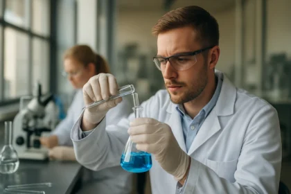 Kémiai kísérletező laboratóriumban dolgozó szakember