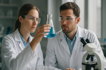 Két tudós laboratóriumban, kémiai kísérletet végeznek