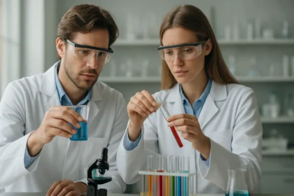 Két kutató laboratóriumban, különböző kémiai oldatokkal dolgoznak.