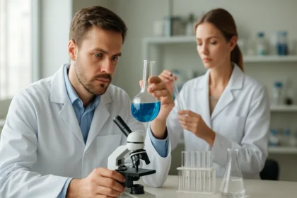 Két kémikus laboratóriumi környezetben vizsgál rózsaszín folyadékot.