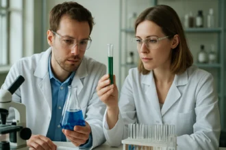 Két tudós kémiai kísérleteket végez egy laboratóriumban.