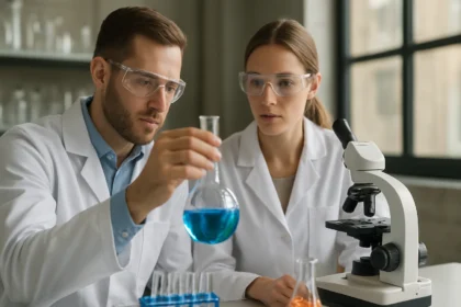 Két tudós kémiai kísérleteket végez laboratóriumban.