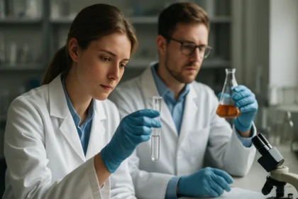 Két kutató laboratóriumi környezetben kémiai vizsgálatokat végez.