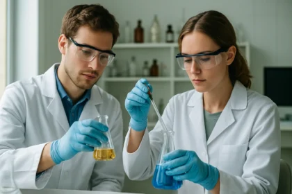 Kutatók laboratóriumban mosogatószer összetevőinek vizsgálatán