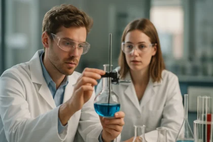 Kémiai kísérlet laboratóriumban, mozgófázis analízis során.