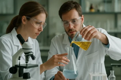 Két tudós laboratóriumban metaborát vegyületet vizsgál.