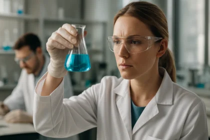 Kémikus laboratóriumban müszcimol mintát elemző nő