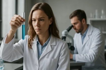 Kémiai kísérlet: Tudós nő tesztcsőben folyadékot vizsgál