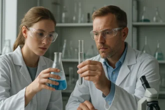 Két kémikus laboratóriumban mustgáz kutatásával foglalkozik.