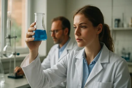 Kémiai laboratóriumi munka műszerolajokkal és vegyületekkel.