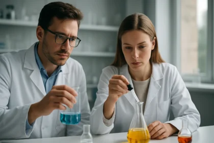 Kémikusok műgyanta anyagokkal végzik a kísérletezést laboratóriumban.