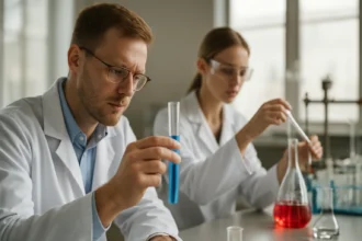 Két tudós laboratóriumban, műkaucsuk előállítási kísérletek során.