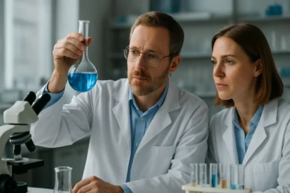 Két tudós laboratóriumi kísérlet közben, kézben a hígított metafoszforsav