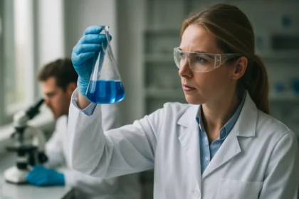 Laboratóriumi kémikus kék oldatot vizsgál egy lombikban