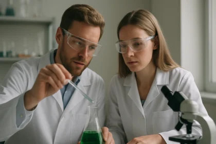 Két tudós laboratóriumban, kémiai analízist végeznek.