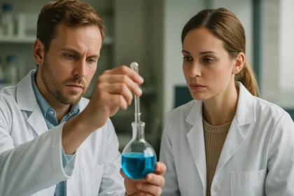 Két kutató laboratóriumban műszeres elemzést végez