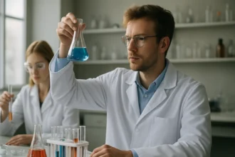 Két tudós kémiai kísérleteket végez egy laboratóriumban.