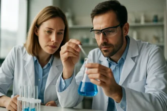 Két kutató naftolokat vizsgál a laboratóriumban.