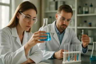 Két kutató laboratóriumban kísérletezik robbanóanyagokkal.