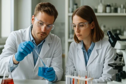 Laboratóriumi kutatók kémiai analízis közben HPLC technológiával