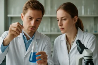 Két tudós laborban HDPE vizsgálat közben, kék folyadékkal.