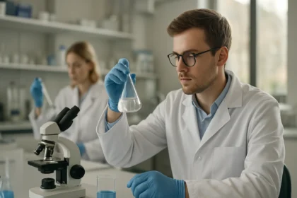 Kémikus nagy tisztaságú anyagok vizsgálatakor laboratóriumban.