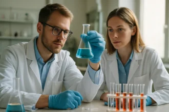 Két kutató laboratóriumban kémiai kísérletet végez.