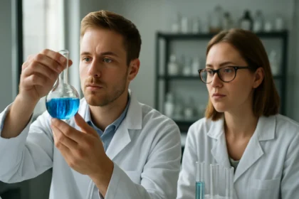 Két tudós laboratóriumban, az egyik kémcsövet vizsgálva.