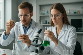 Két tudós laboratóriumi kísérletet végez nátrium-kén akkumulátorokkal