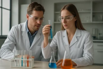 Két kutató laboratóriumban nátrium alapú kísérletek során