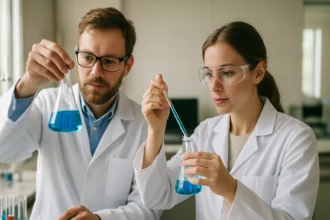 Két tudós laboratóriumban metakrilát gyantákkal végzett kísérletet.