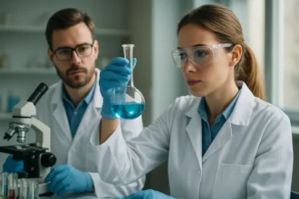 Kutatók nátrium-acetátot vizsgálnak laboratóriumi körülmények között.