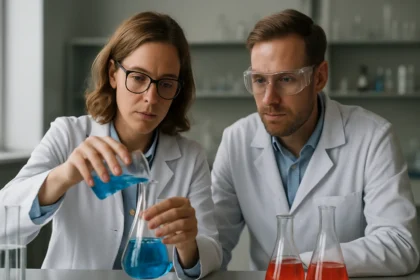 Két tudós laboratóriumban kémiai kísérletet végez, láthatóak különböző oldatok.