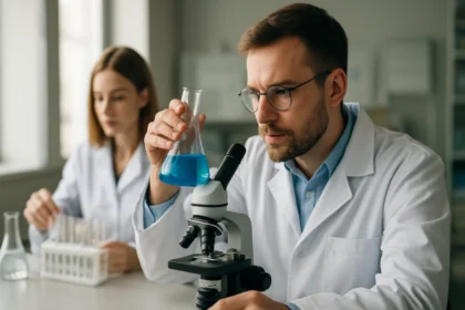 Laboratóriumban dolgozó kémikusok nátrium-alumínium-fluoriddal