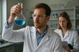 Két kutató laboratóriumi környezetben nátrium-alumínium-szilikát kísérletet végez