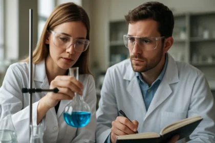 Két tudós kémiai kísérletet végez laboratóriumban