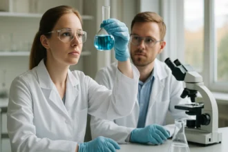 Két tudós a laborban, nátrium-benzoát vizsgálata közben.