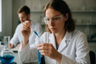 Laboratóriumi munka során nátrium-biborát kémiai vizsgálata.