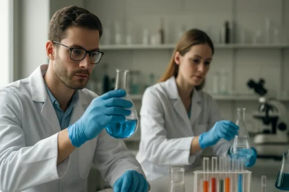 Két tudós laboratóriumban nátrium-bikarbonát elemzésén dolgozik.