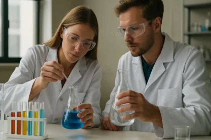 Két laboratóriumi kutató nátrium-bikromát kémiai vizsgálata