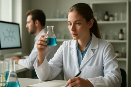 Kémikus nátrium-biszulfitot vizsgál egy laboratóriumban.