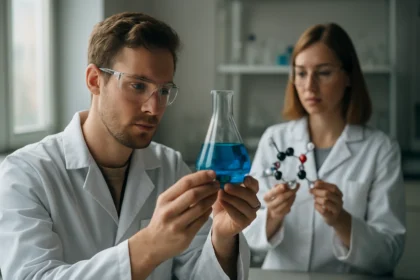 Két tudós kémiai reakciókat vizsgál szakmai laboratóriumban.