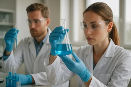 Két tudós laboratóriumban nátrium-citrát vizsgálata közben